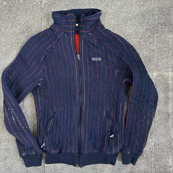 Men's Vintage 80's Patagonia Navy Blue Red Quilted Baseball Bomber Jacket Sz M
